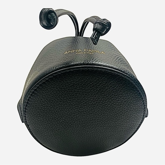 Anna Paola Black Pebbled Leather Small Drawstring Bucket Bag - Picture 4 of 7